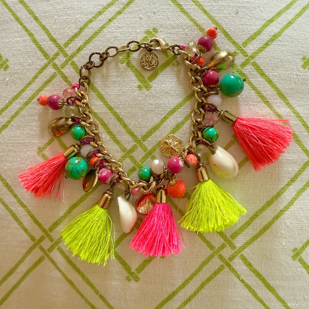 Lilly Pulitzer Boho Beach Resort Tassel Shell Beaded Gold Statement Bracelet